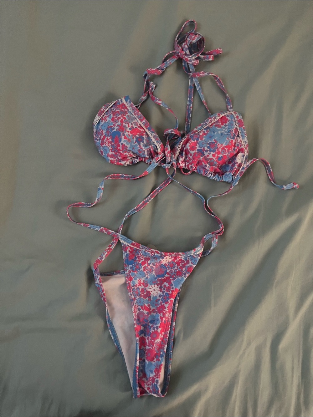 SHEIN Pink and Blue Floral Tie-Back Bikini